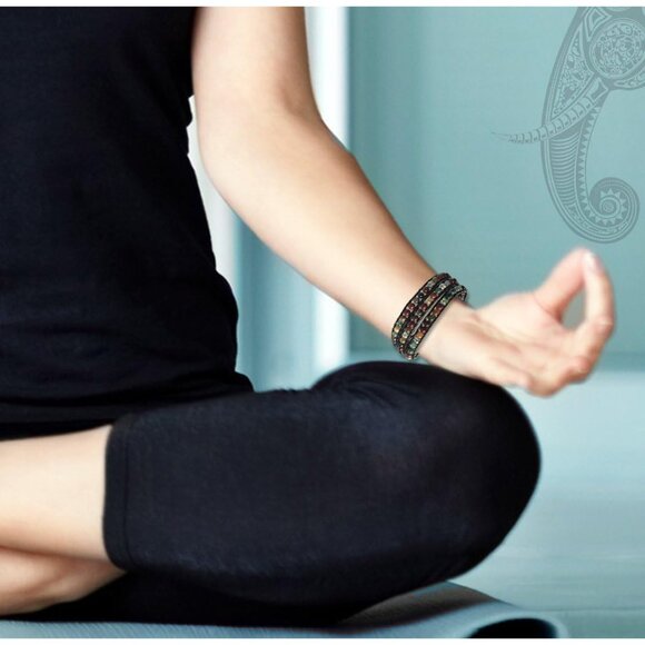 Leather Bracelet Genuine Leather Agate Stainless Steel Snap Button Wrap - Picture 2 of 7